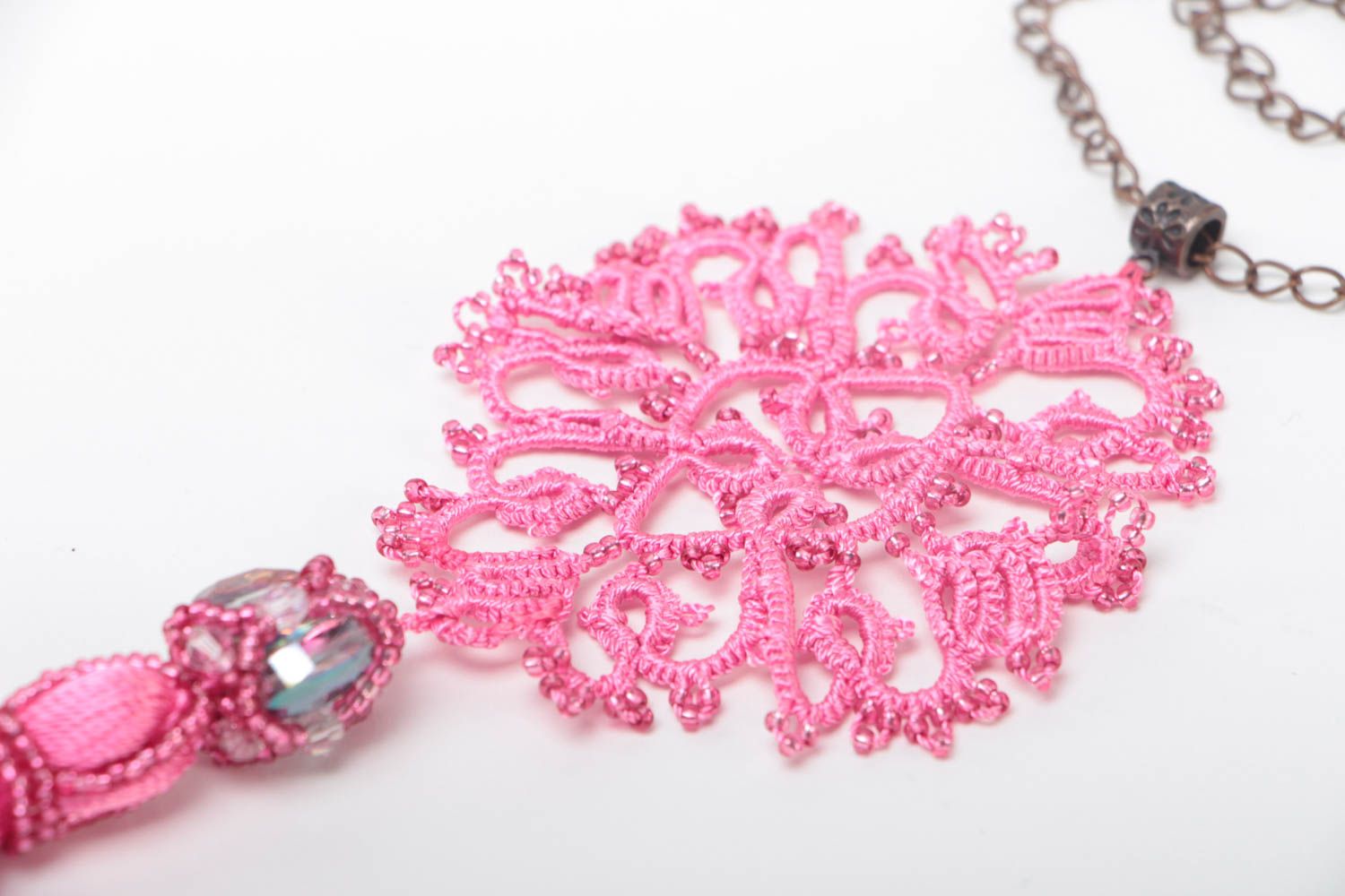 Handmade pink necklace accessory made of silk openwork designer jewelry photo 3
