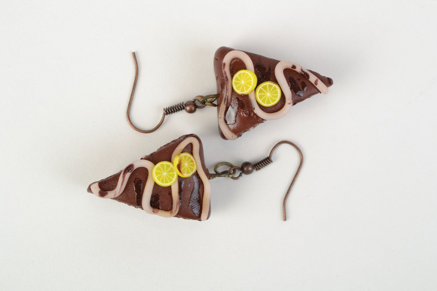 Unusual handmade polymer clay dangle earrings in the shape of chocolate cakes photo 3