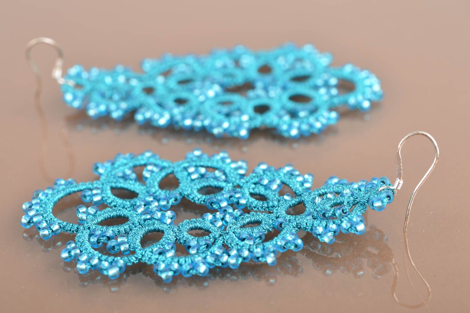 Unusual gentle handmade designer blue tatting lace earrings with beads photo 5