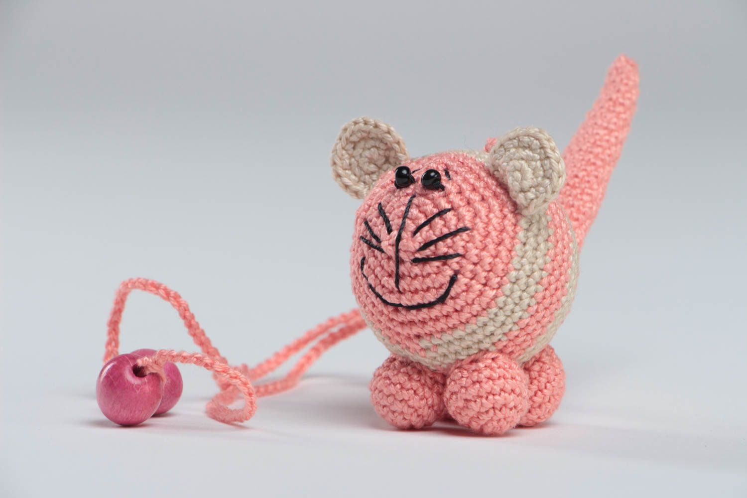 Crocheted cotton rattle small pink cat handmade toy for children and nursery photo 2