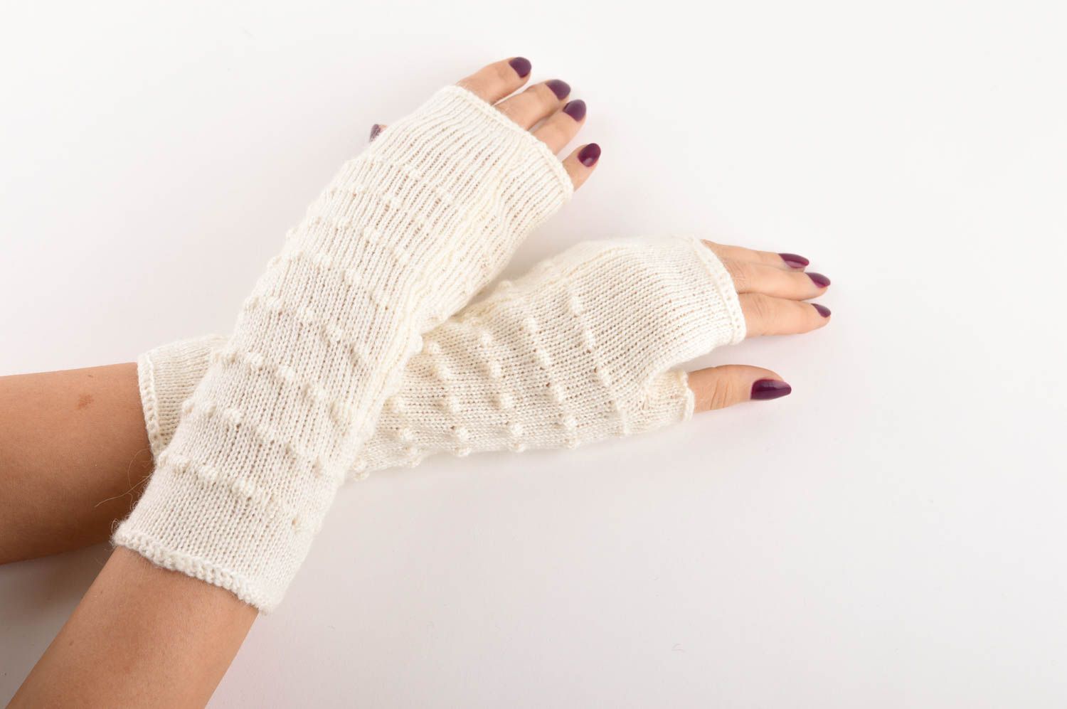 Handgefertigt Hand Stulpen Damen Accessoires fingerlose Handschuhe weiß  foto 5