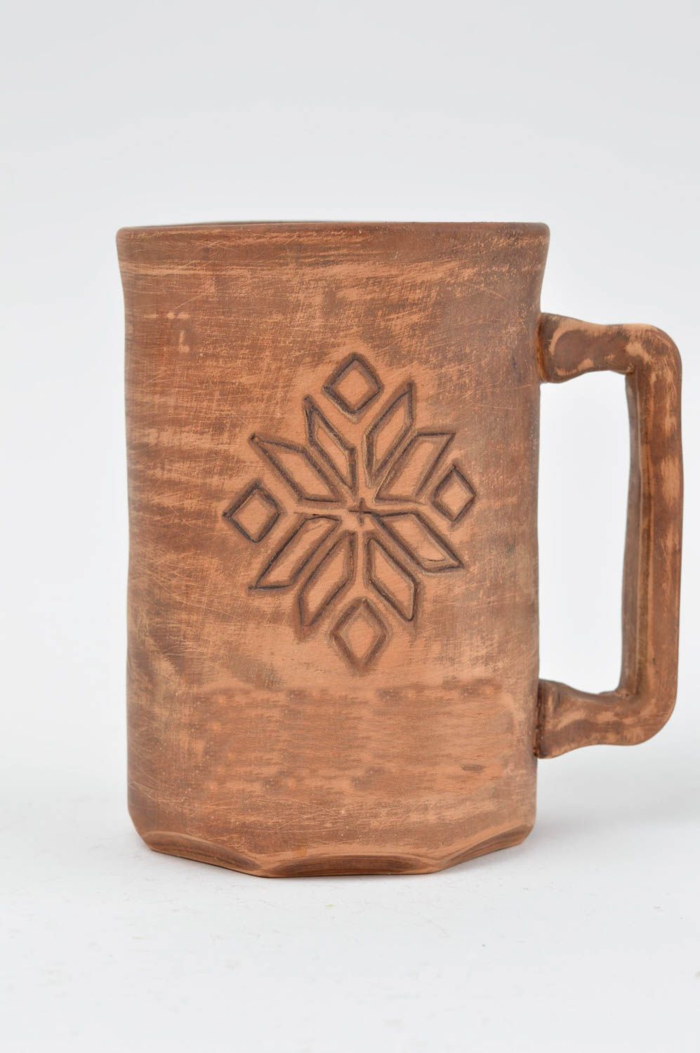 Clay tall handmade 8 oz coffee or tea cup with square handle and snow flake pattern photo 2