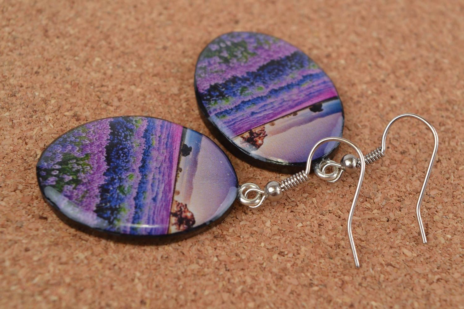 Stylish handmade designer polymer clay oval earrings with decoupage Landscape photo 1