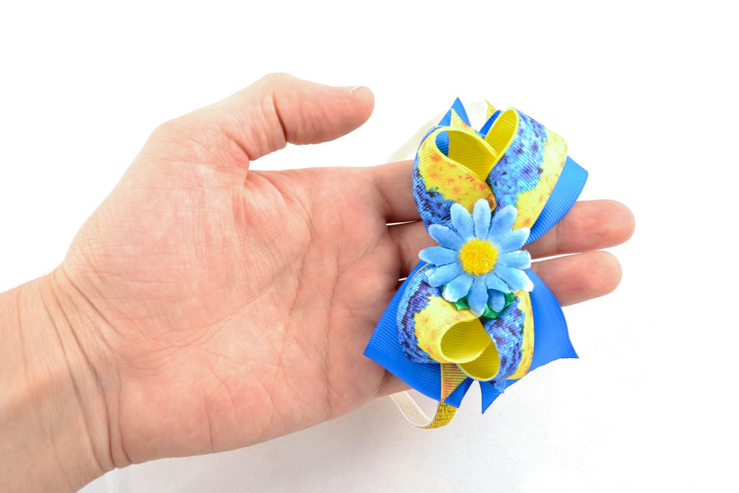Handgemachtes Haarband aus Ripsbändern mit blau gelber Schleife foto 2