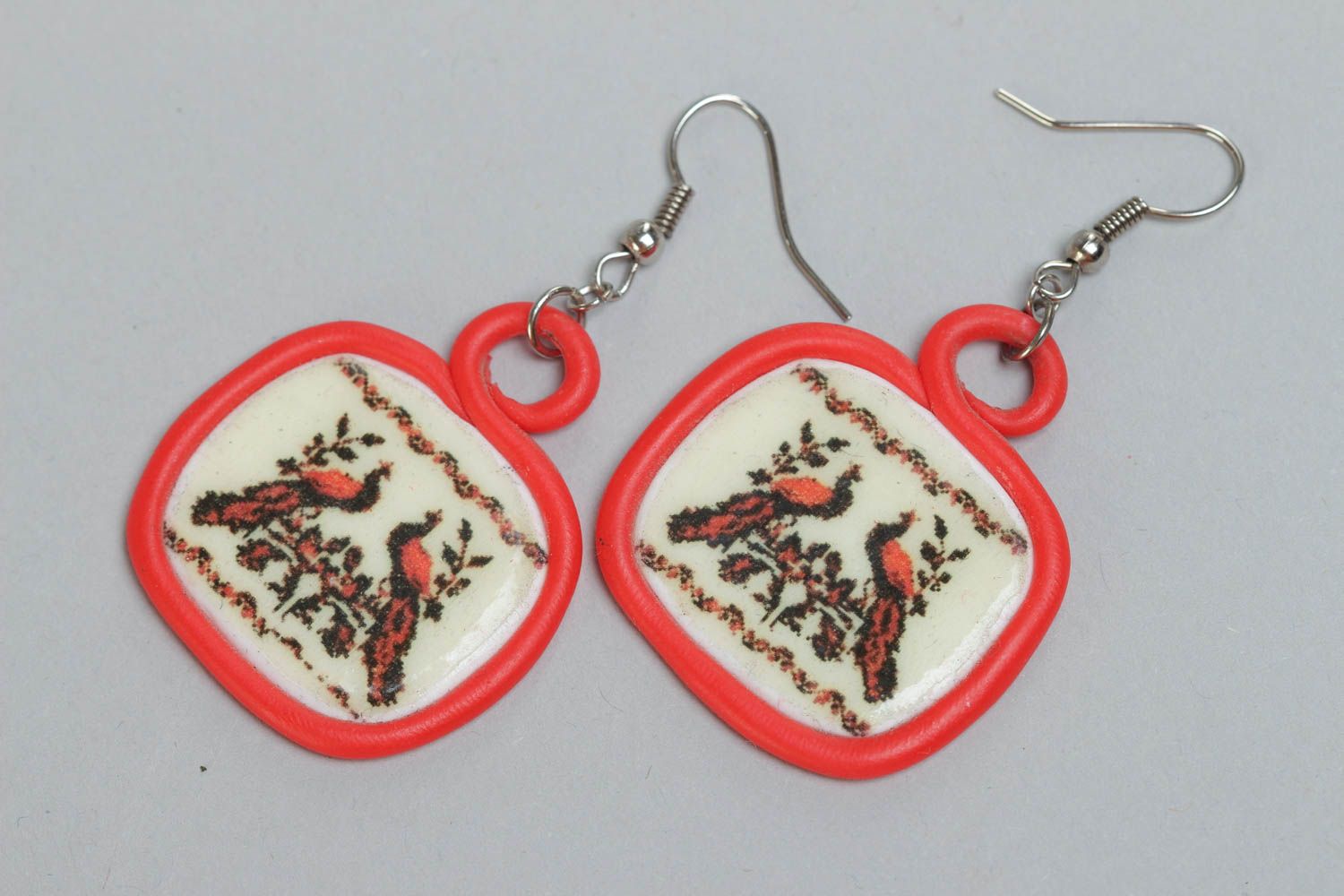 Handmade polymer clay square dangling earrings with pattern in ethnic style photo 2