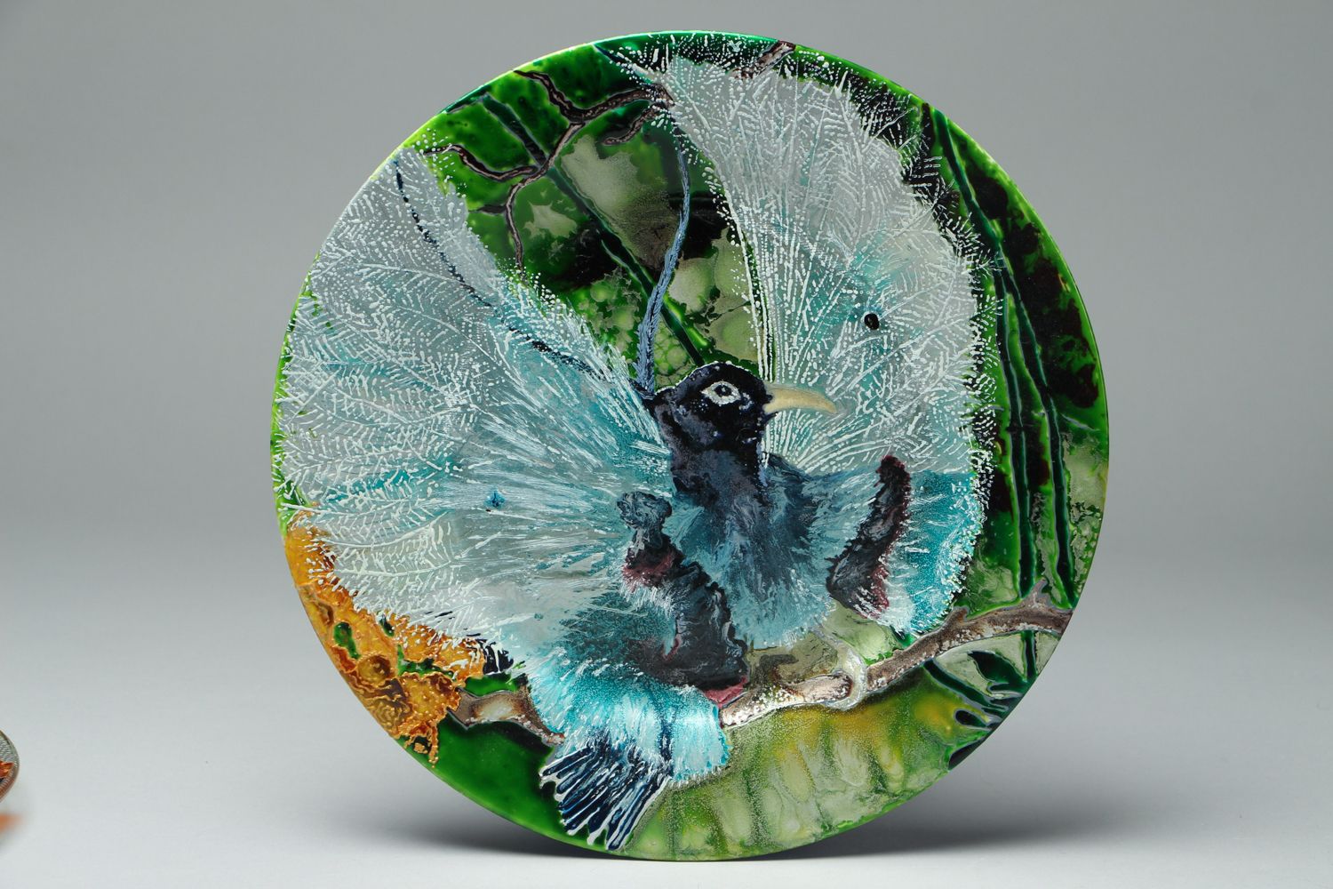 Декоративная стеклянная тарелка расписная Птица фото 1