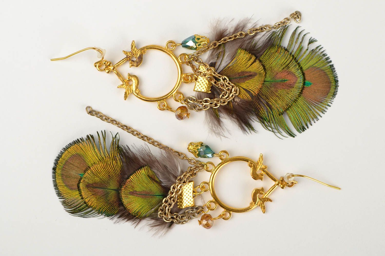 Stylish peacock feather earrings handmade designer bijouterie unique present photo 3