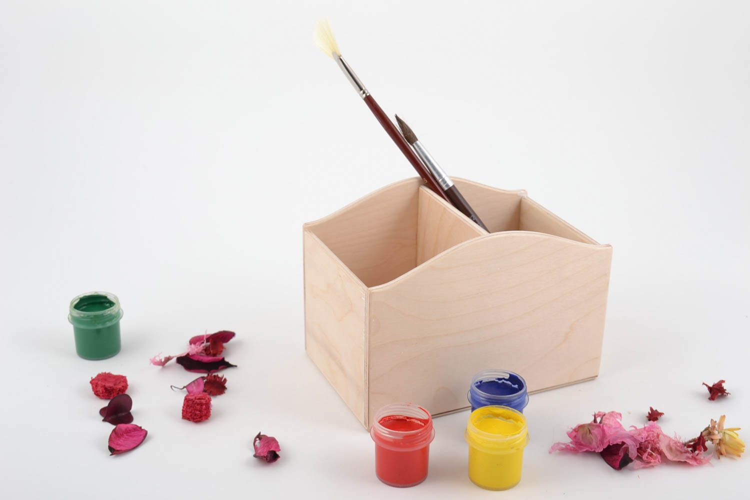 Pot à crayons en bois brut fait main à décorer et peindre 2 compartiments photo 1