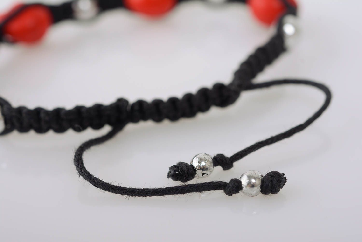 Handmade unusual women's woven cord bracelet with beads and skulls designer photo 5
