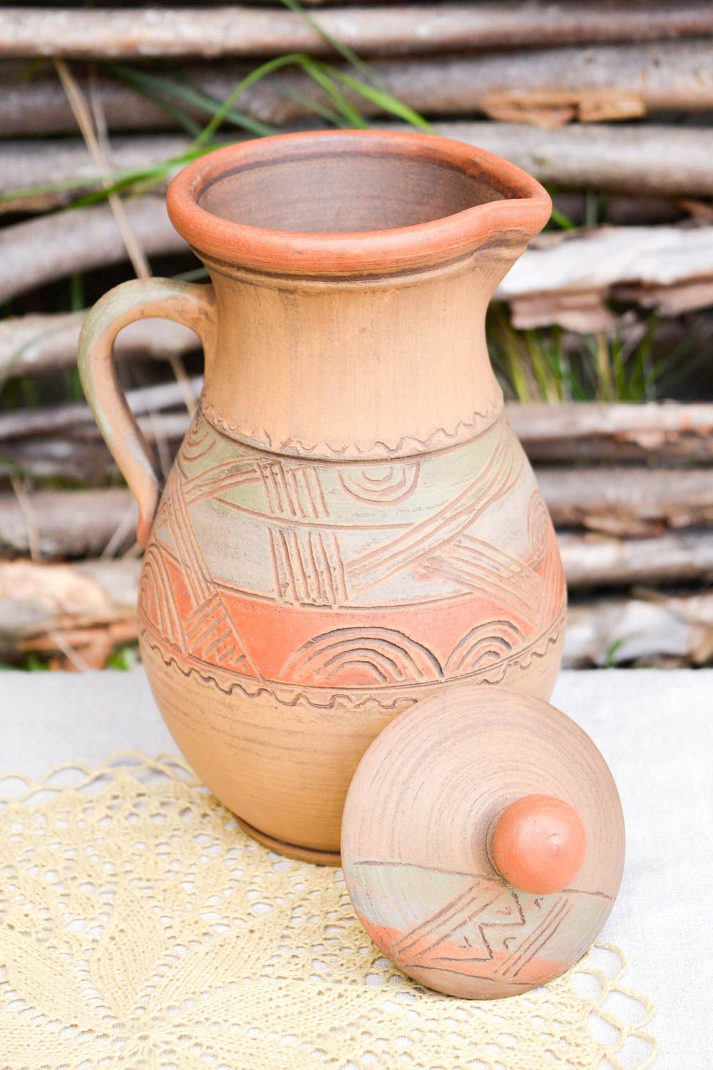 Глиняный кувшин ручной работы емкость для питья необычная посуда из керамики  фото 1