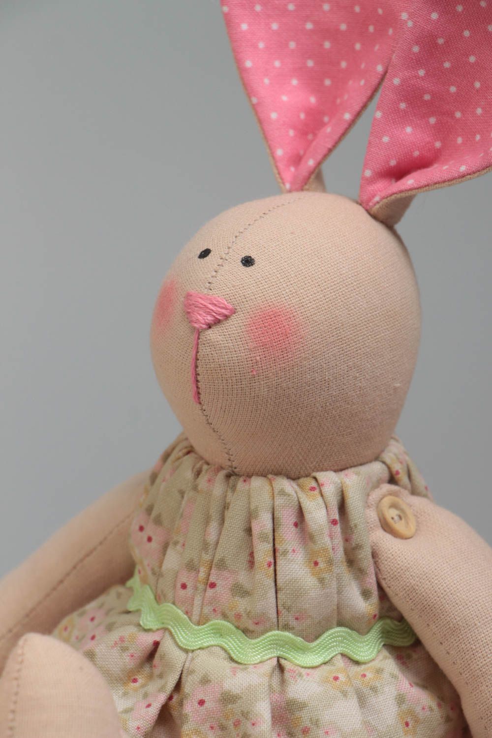 Handmade designer fabric soft toy rabbit girl with pink ears in floral dress  photo 3