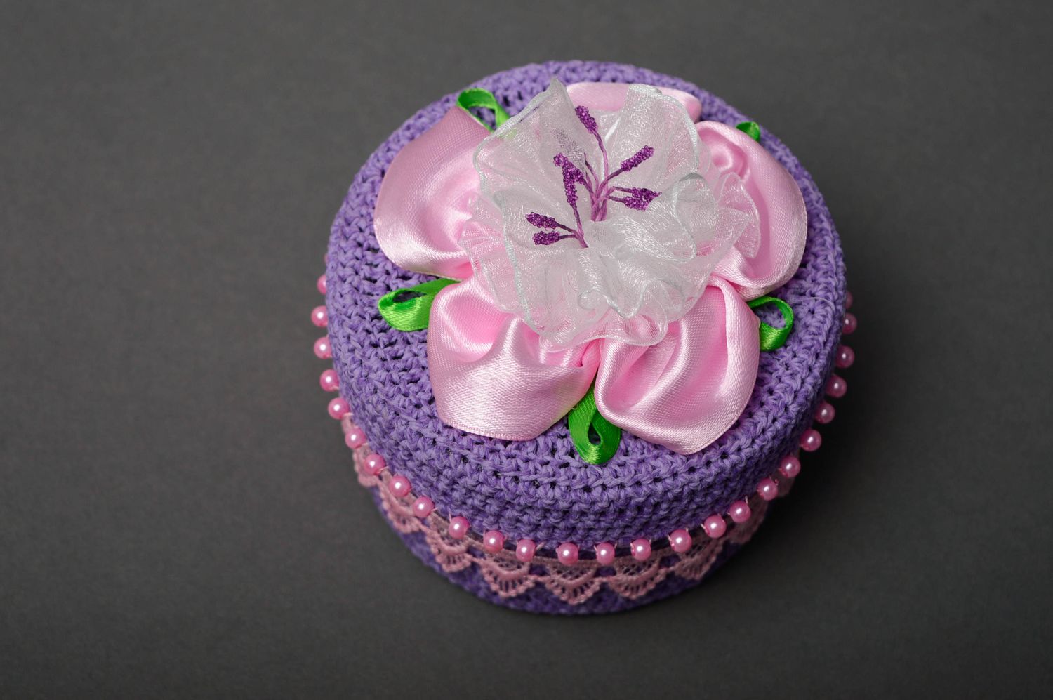 Coffret à bijoux décoré de dentelle et perles en plastique fait main violet photo 3