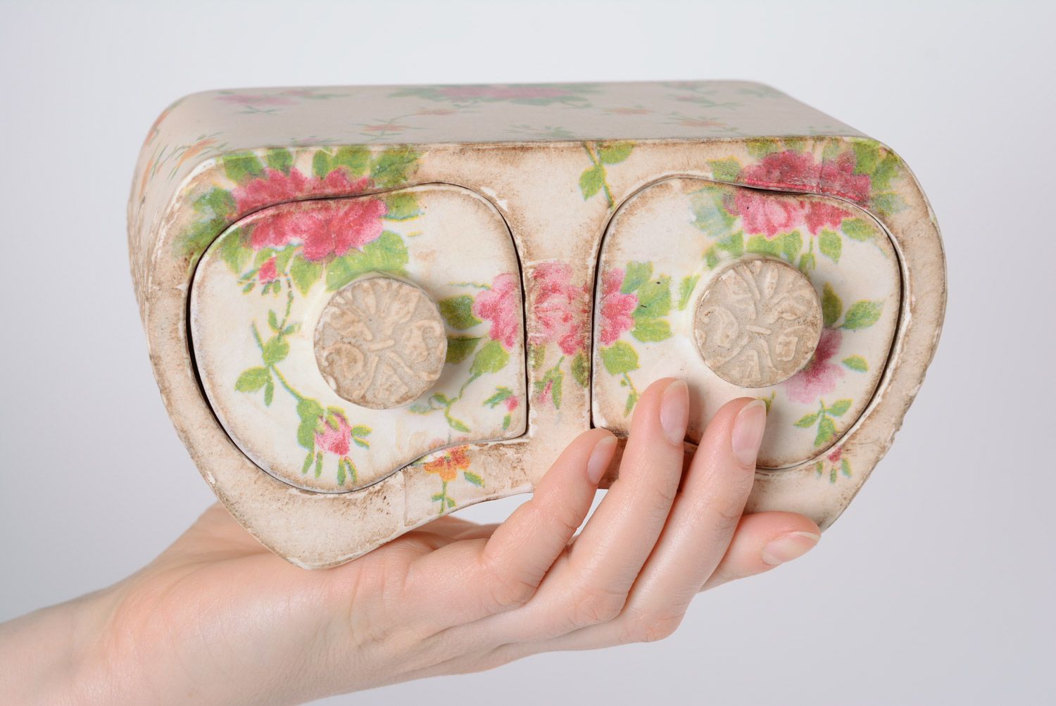 Handmade decoupage wooden jewelry box in the shape of mini dresser with two departments photo 3