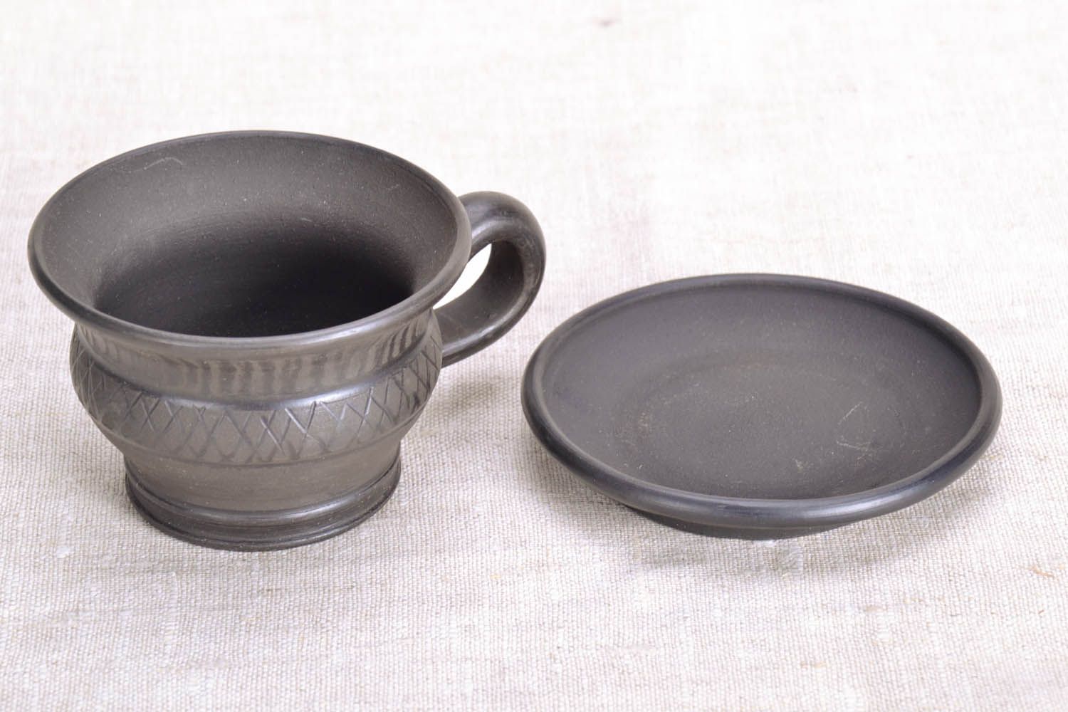 Black natural lead-free clay cup with handle and saucer  photo 4