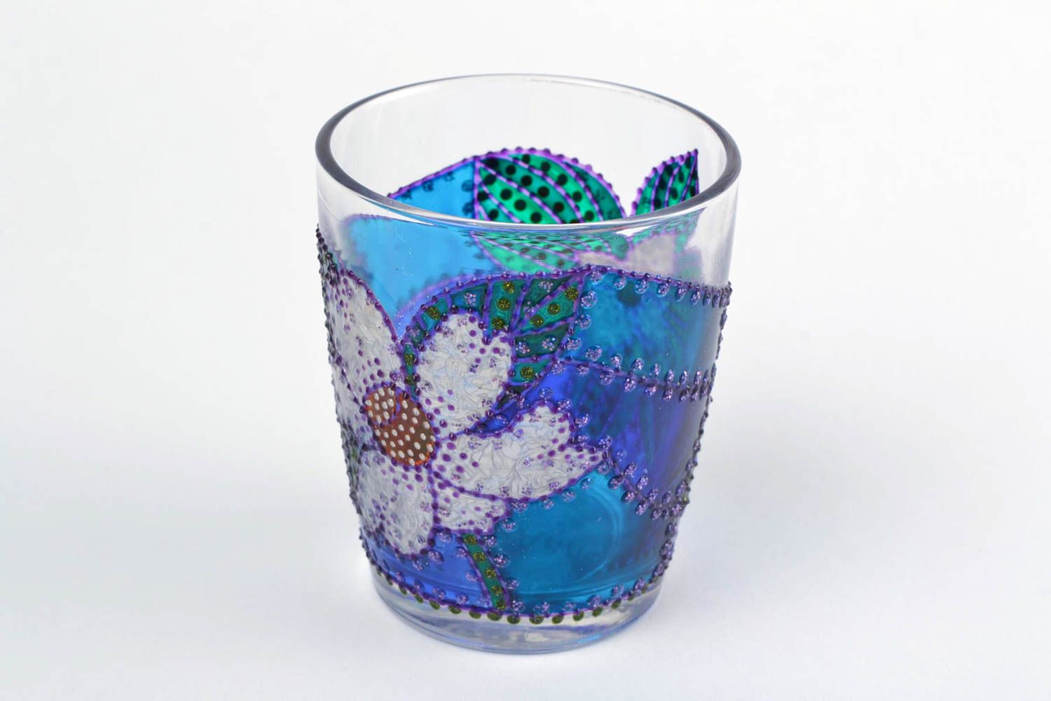 Bemalter Kerzenhalter aus Glas handmade Schmuck für Interieur blau mit Blumen foto 5