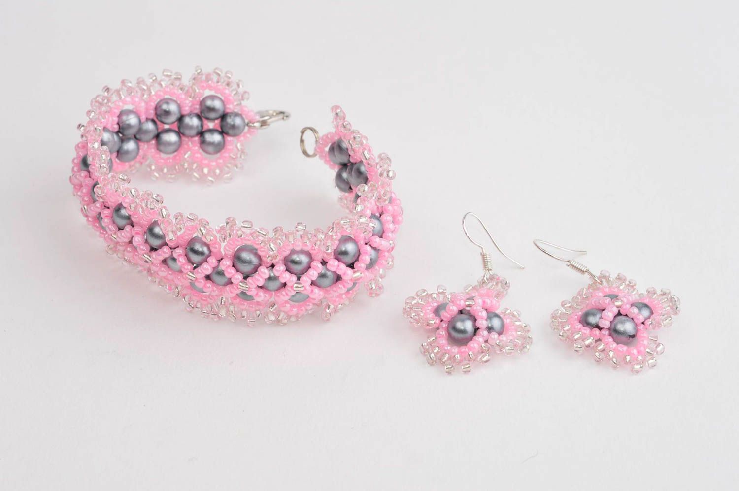 Pink earrings handmade jewelry set designer bracelet beaded accessories for her photo 4