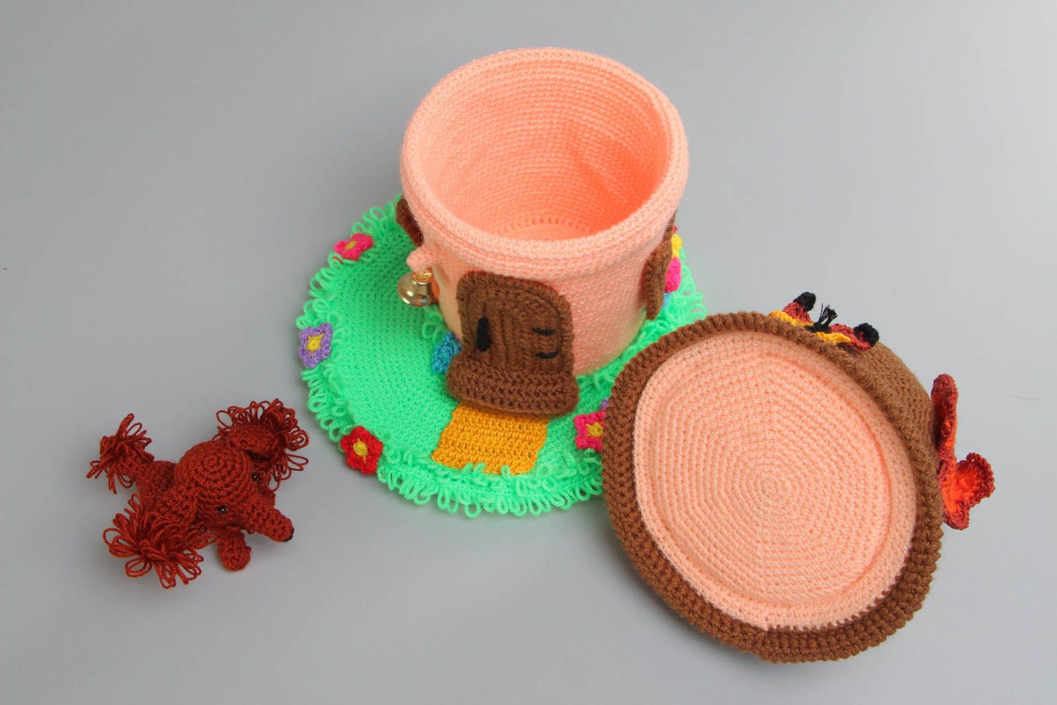 Handmade crocheted toy box in the form of small colorful house home decor photo 3
