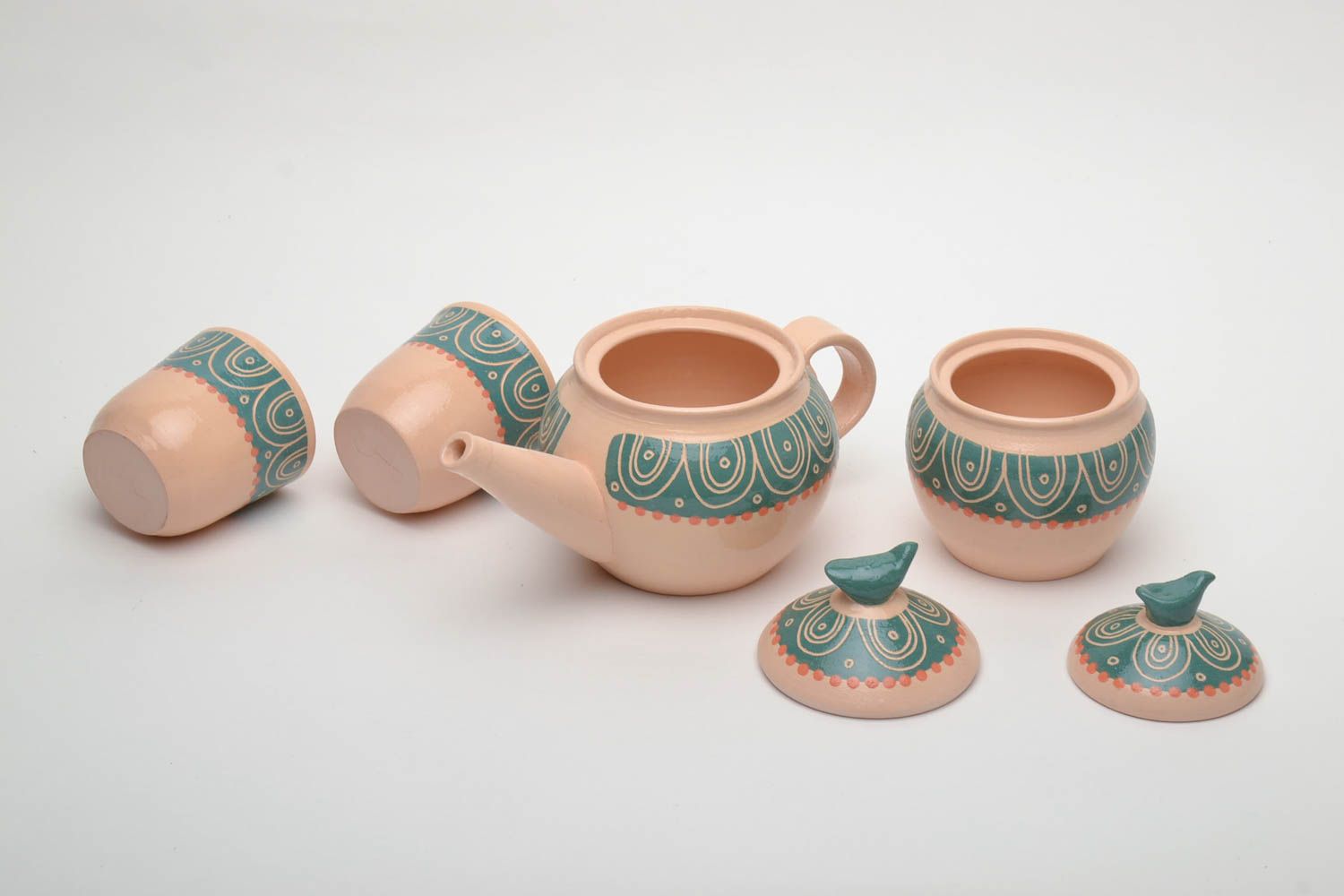 Keramik Geschirr Set Zuckerdose Teekanne und zwei Tassen foto 3