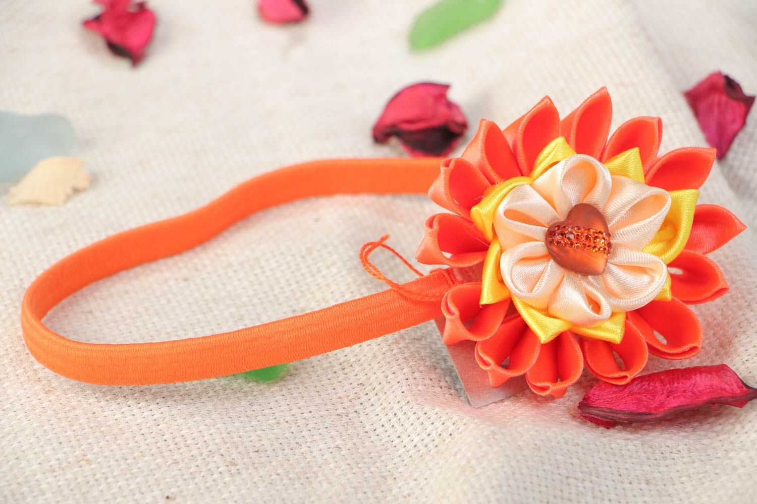 Bandeau avec fleur kanzashi fait main orange original pour femme et enfant photo 1