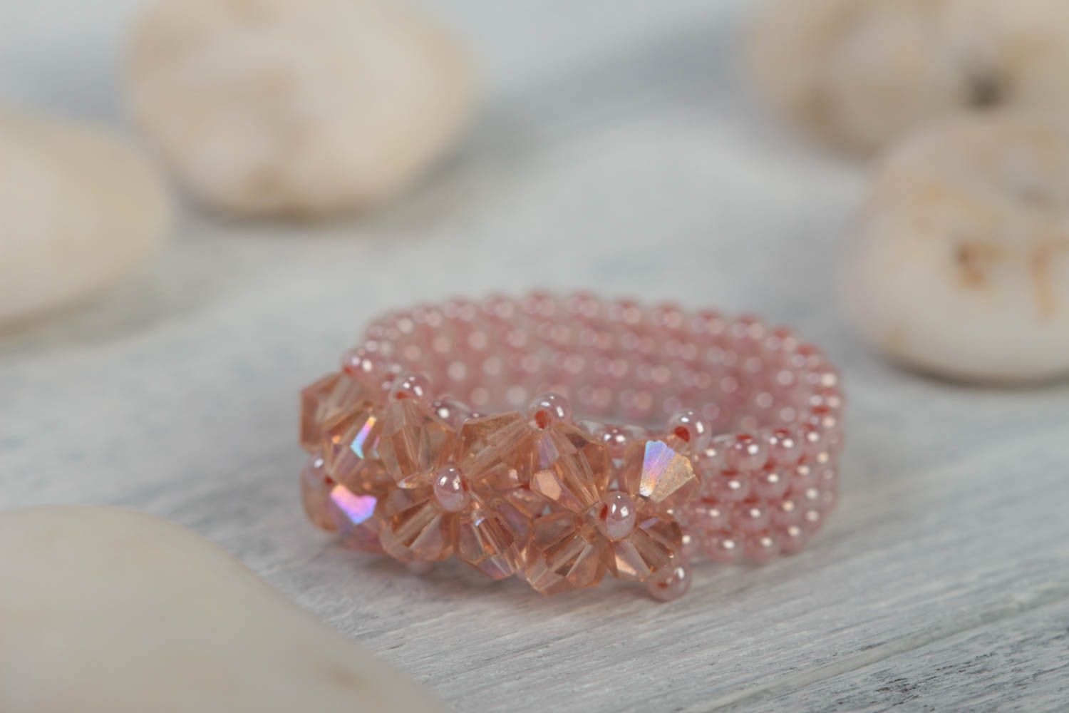 Bague en perles de rocaille et cristal rose faite main pour enfants et adultes photo 1