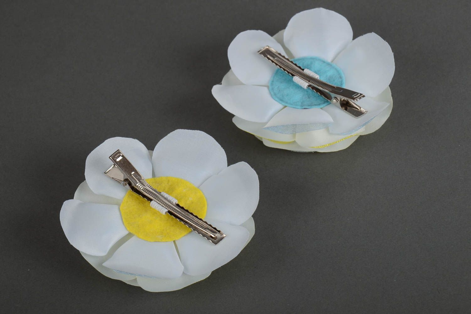 Set of 2 handmade designer hair clips with small light organza flowers for girls photo 3