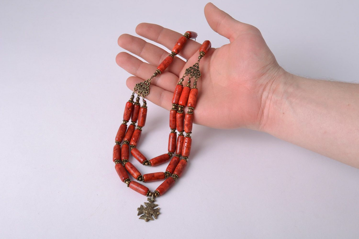 Long handmade gemstone bead necklace of red color with coral and brass photo 2