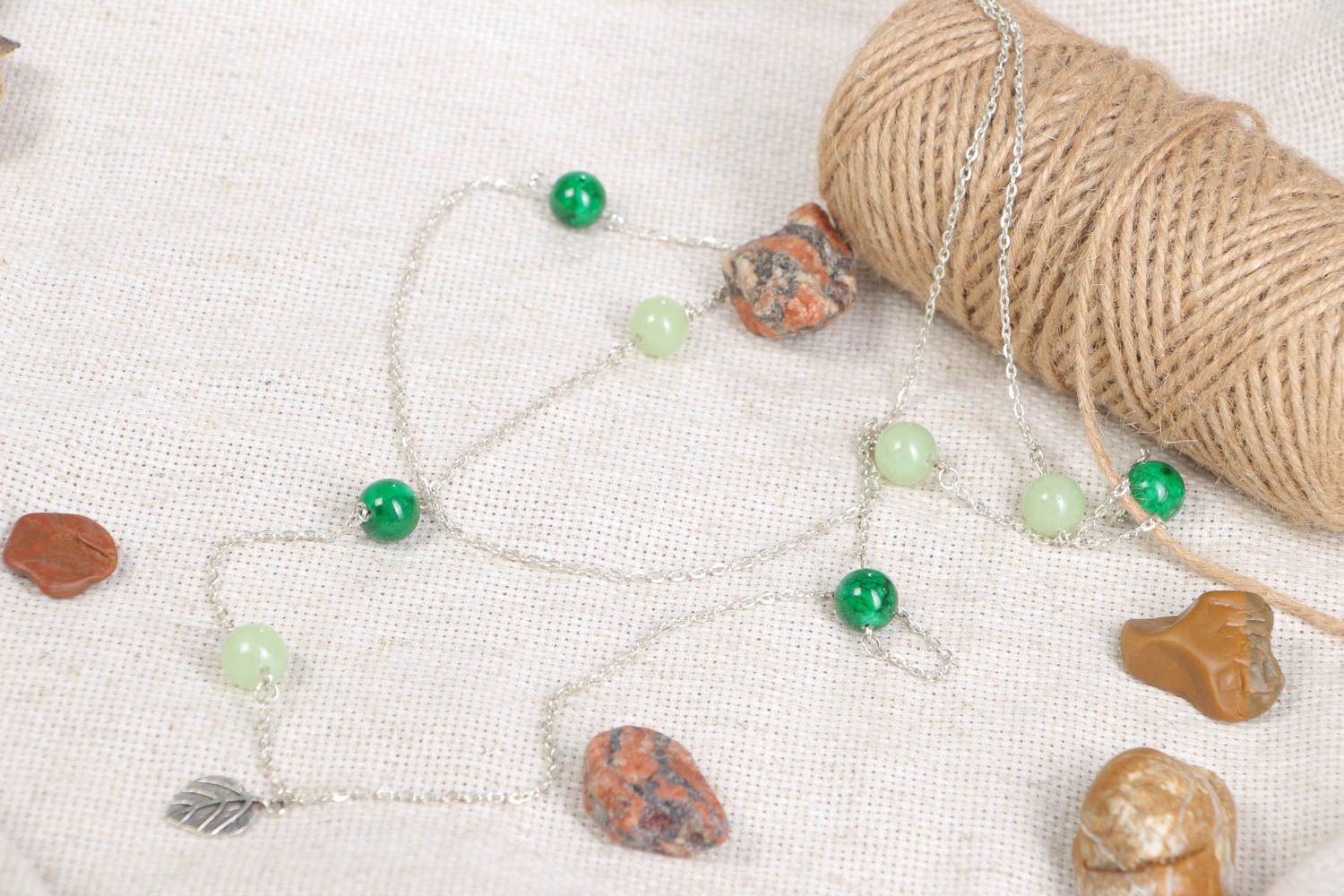Handmade necklace with natural stones long green accessory jewelry on chain photo 1