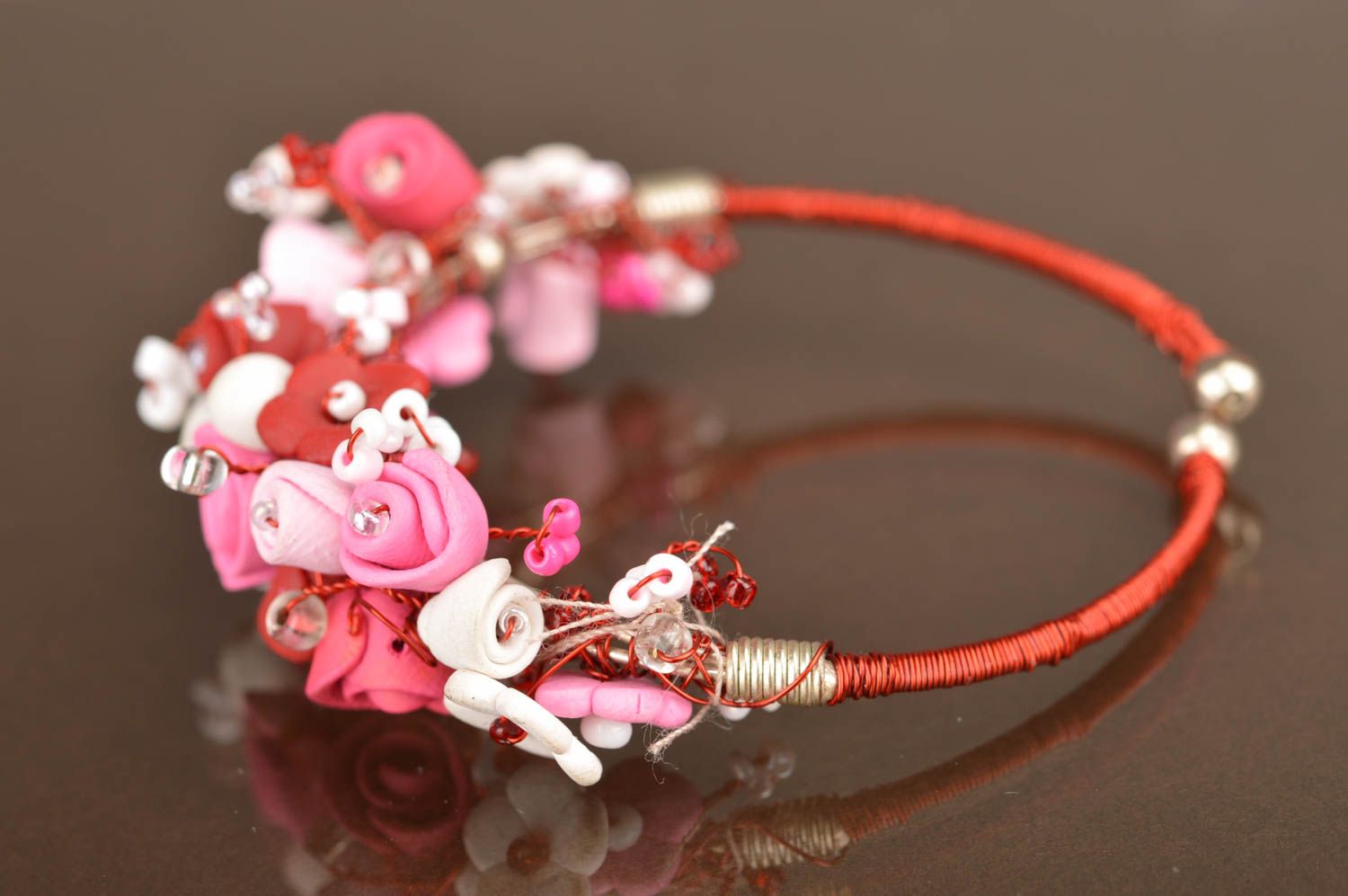 Handmade wrist bracelet made of polymer clay on metal base with flowers photo 5