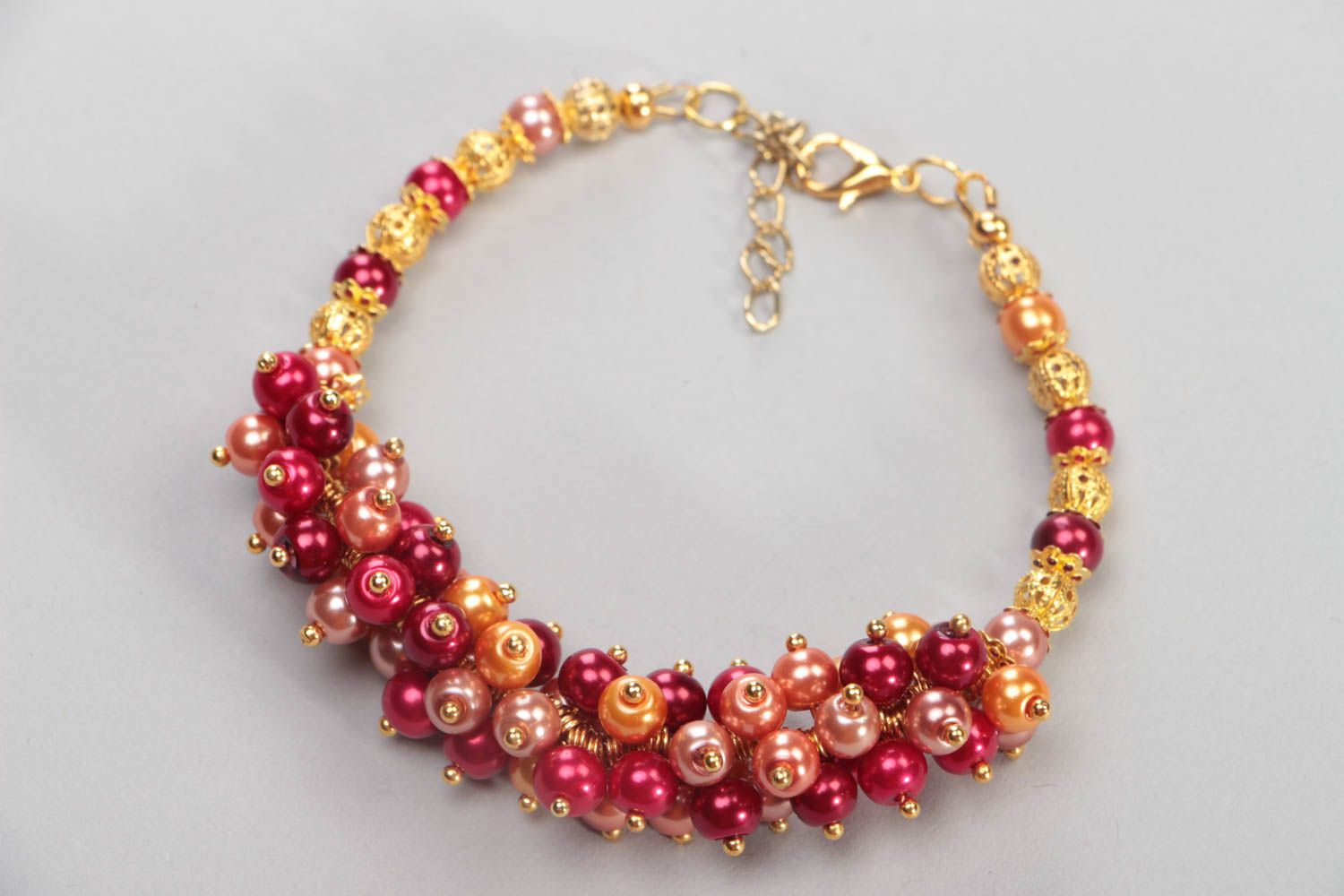 Bracelet en perles céramiques rouge orange sur chaîne fait main accessoire stylé photo 3