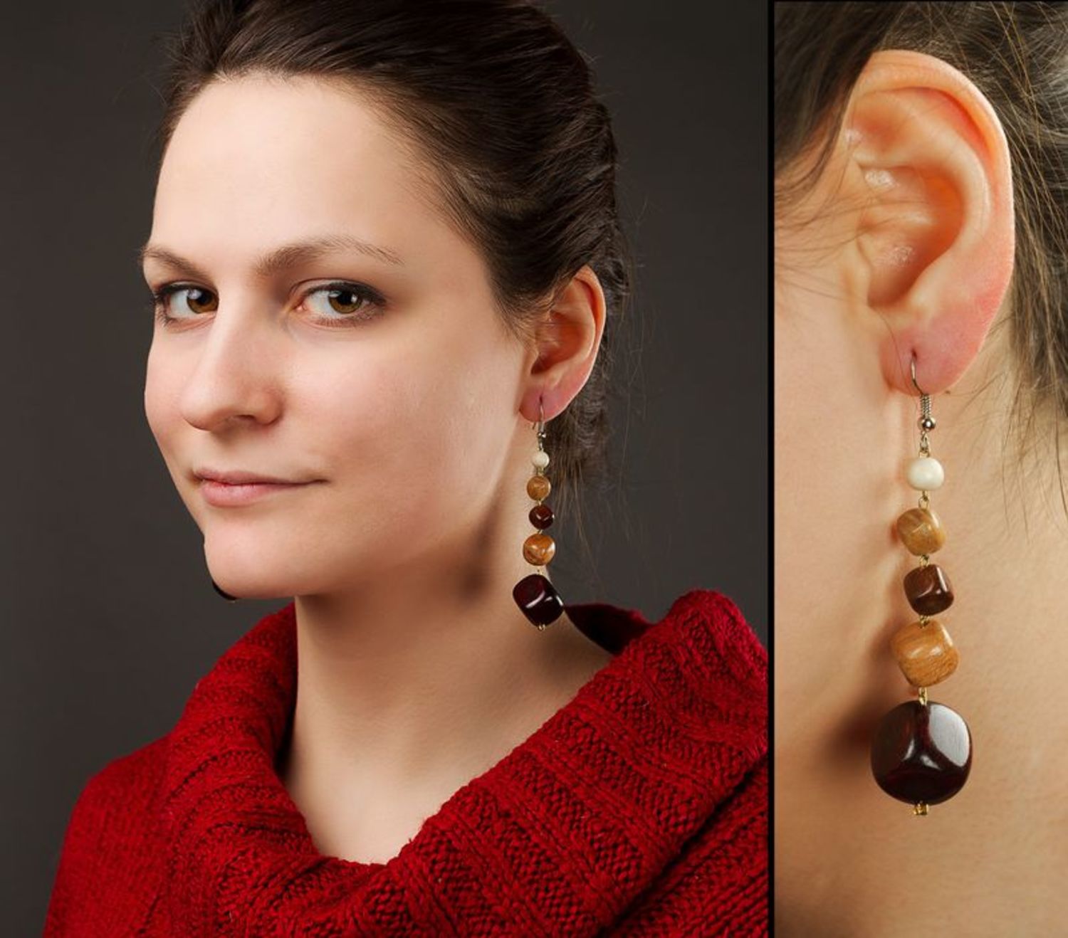 Long ethnic earrings made of wood photo 2