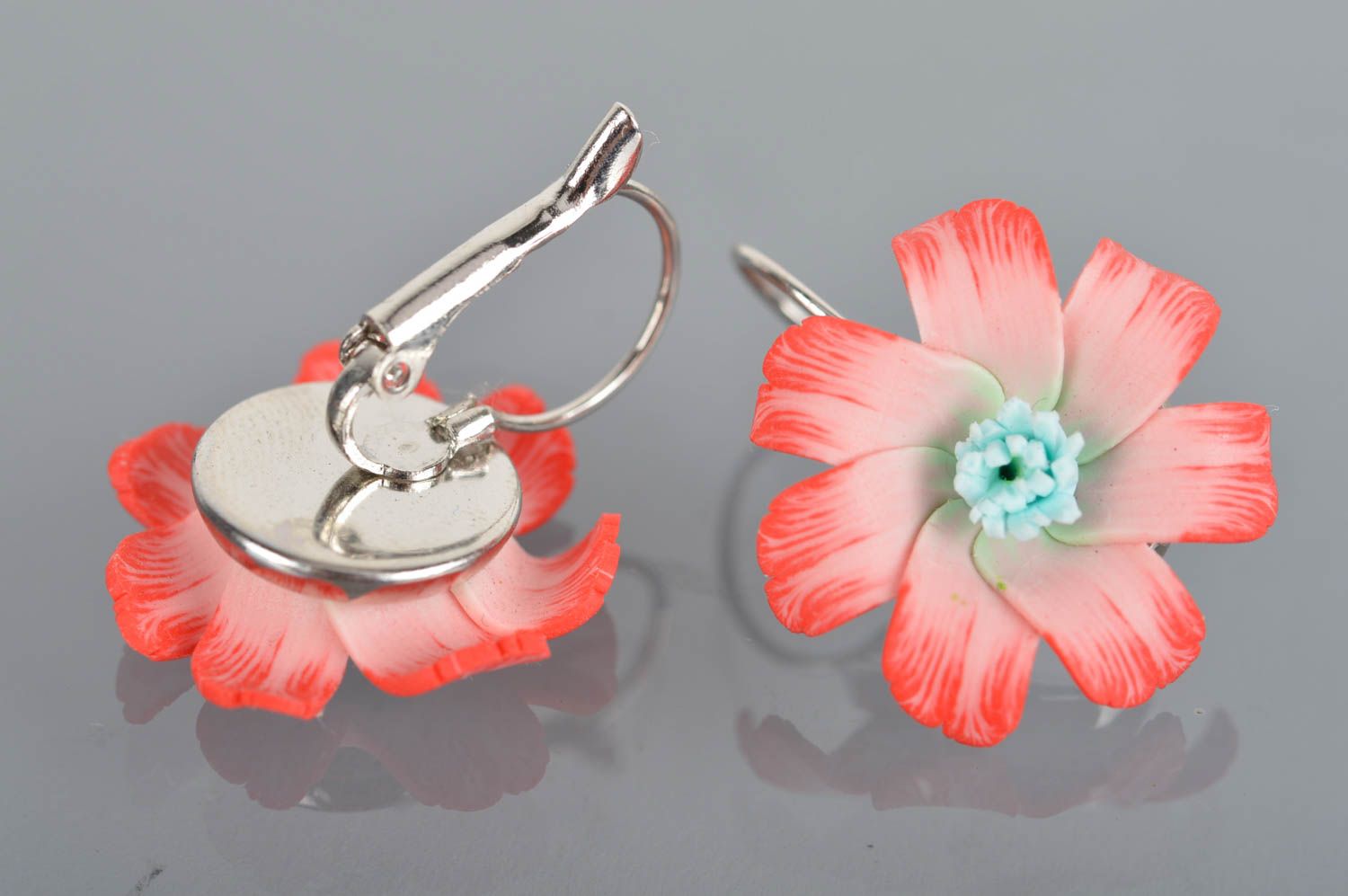 Flower earrings made of polymer clay with pink flowers designer accessory photo 5