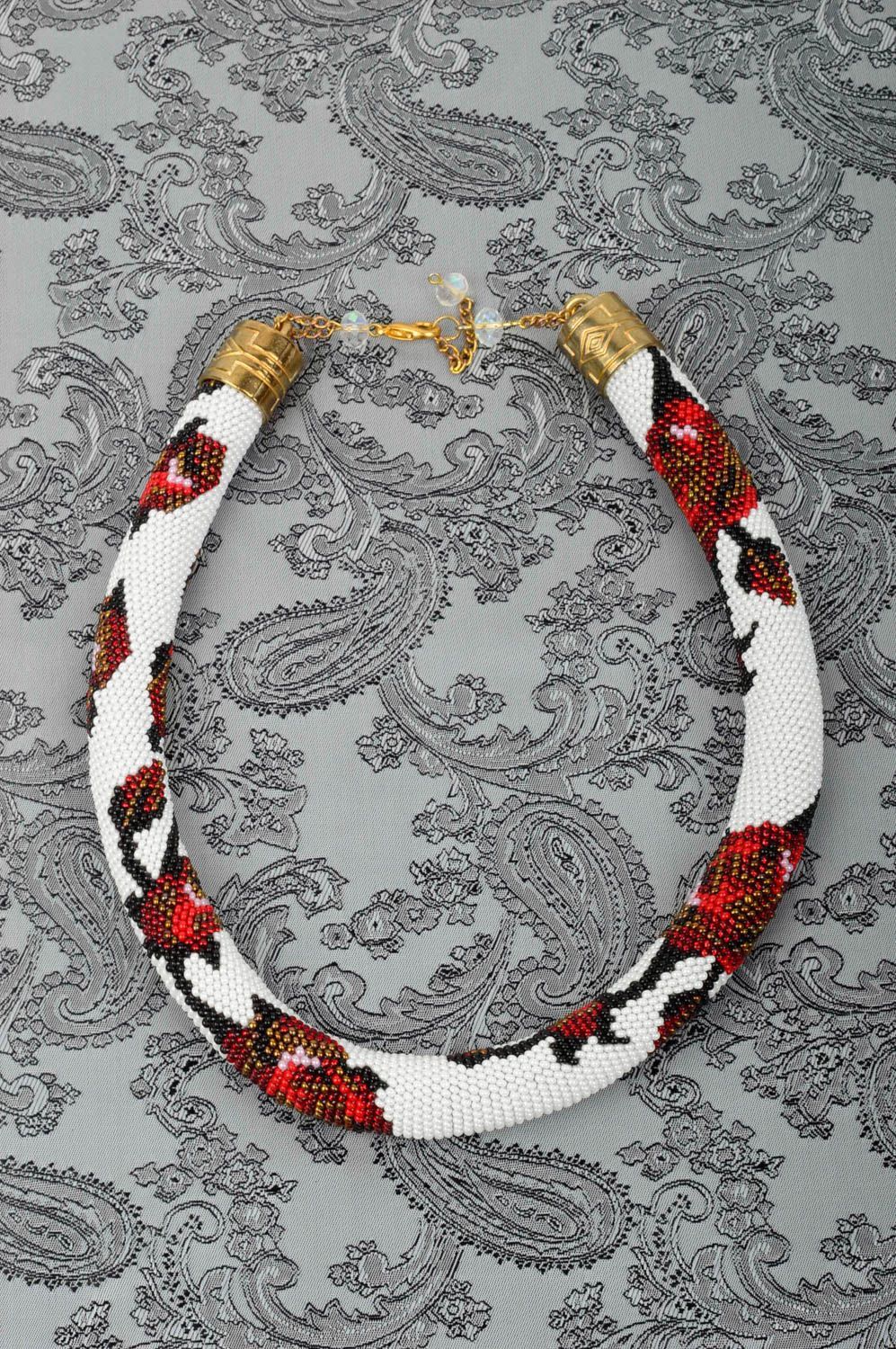 Collier perles rocaille Bijou fait main blanc rouge florale Accessoire femme photo 1