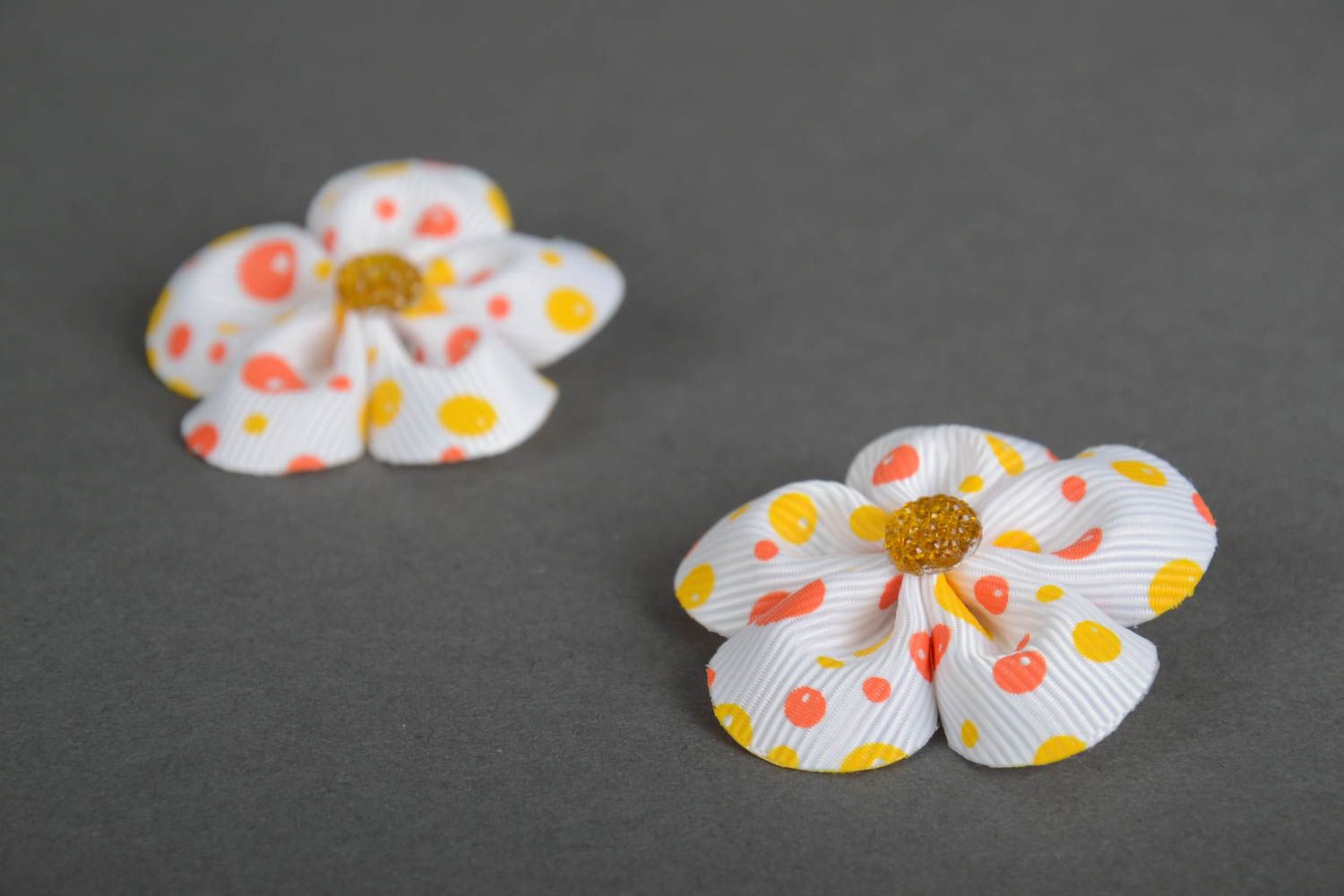 Beautiful handmade designer satin flower hair clips 2 pieces polka dot photo 4