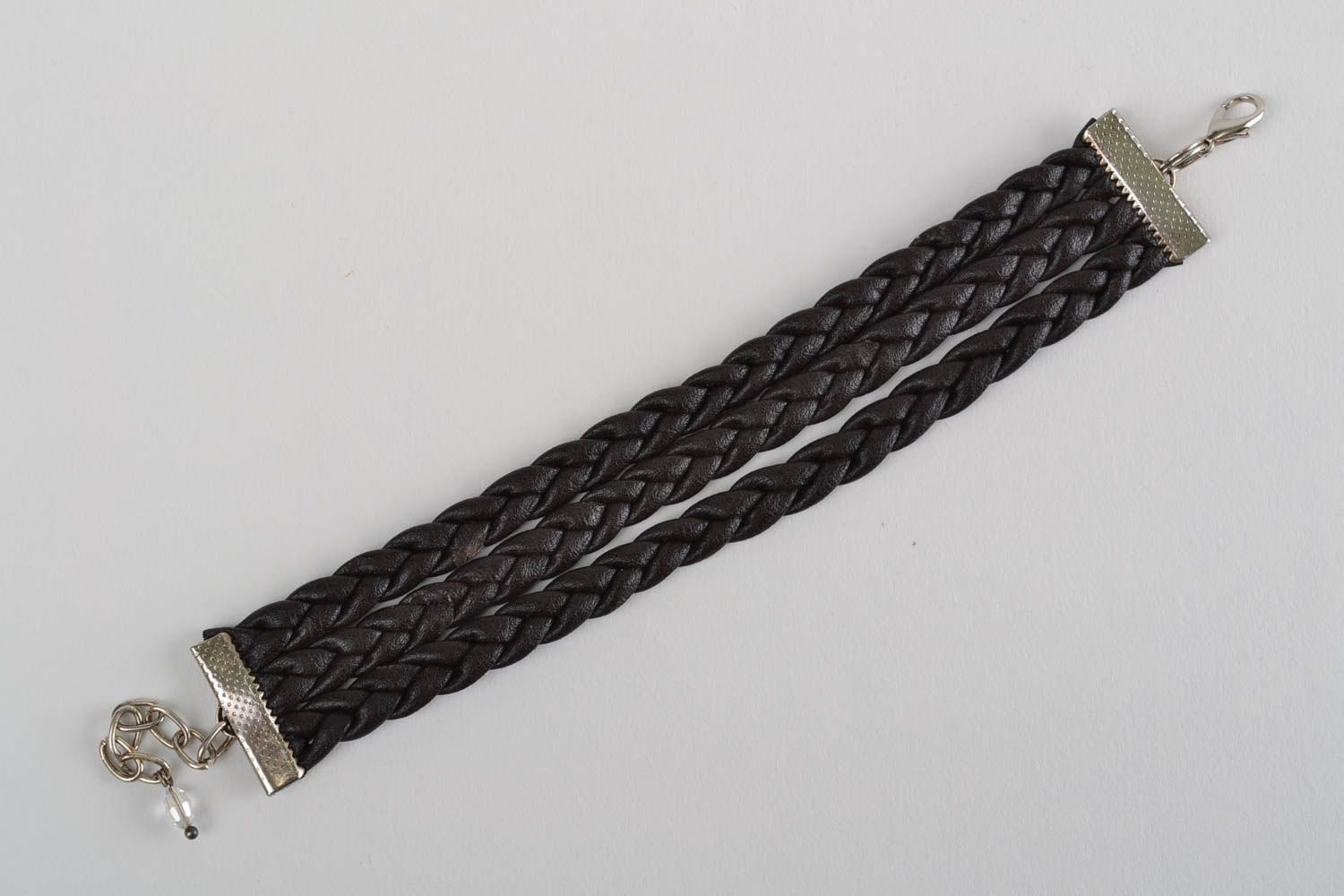 Unusual handmade braided faux leather wrist bracelet of black color photo 5