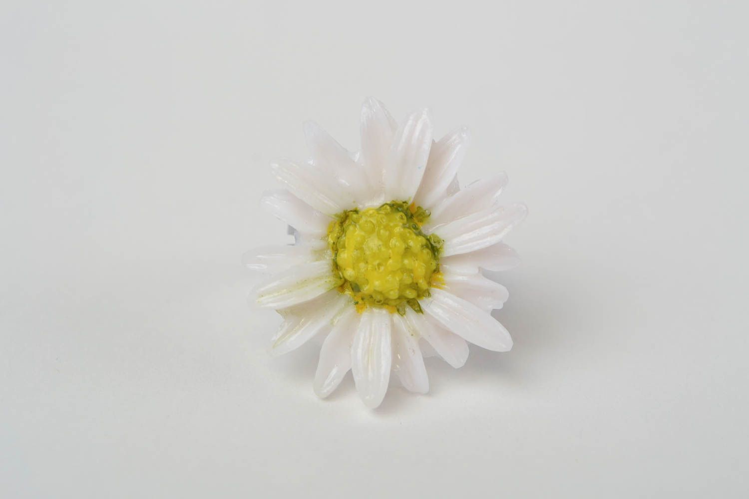 Handmade women's floral polymer clay jewelry ring with metal basis Chamomile photo 4