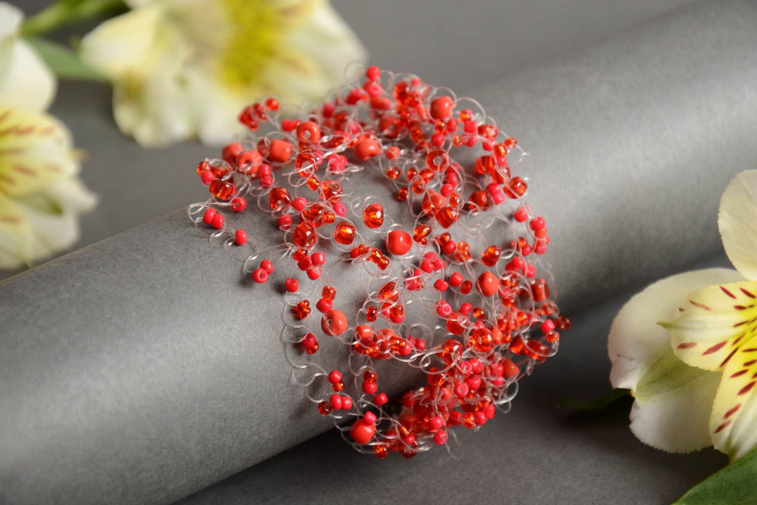 Handmade wide airy wrist bracelet crocheted of red Czech beads for women photo 1