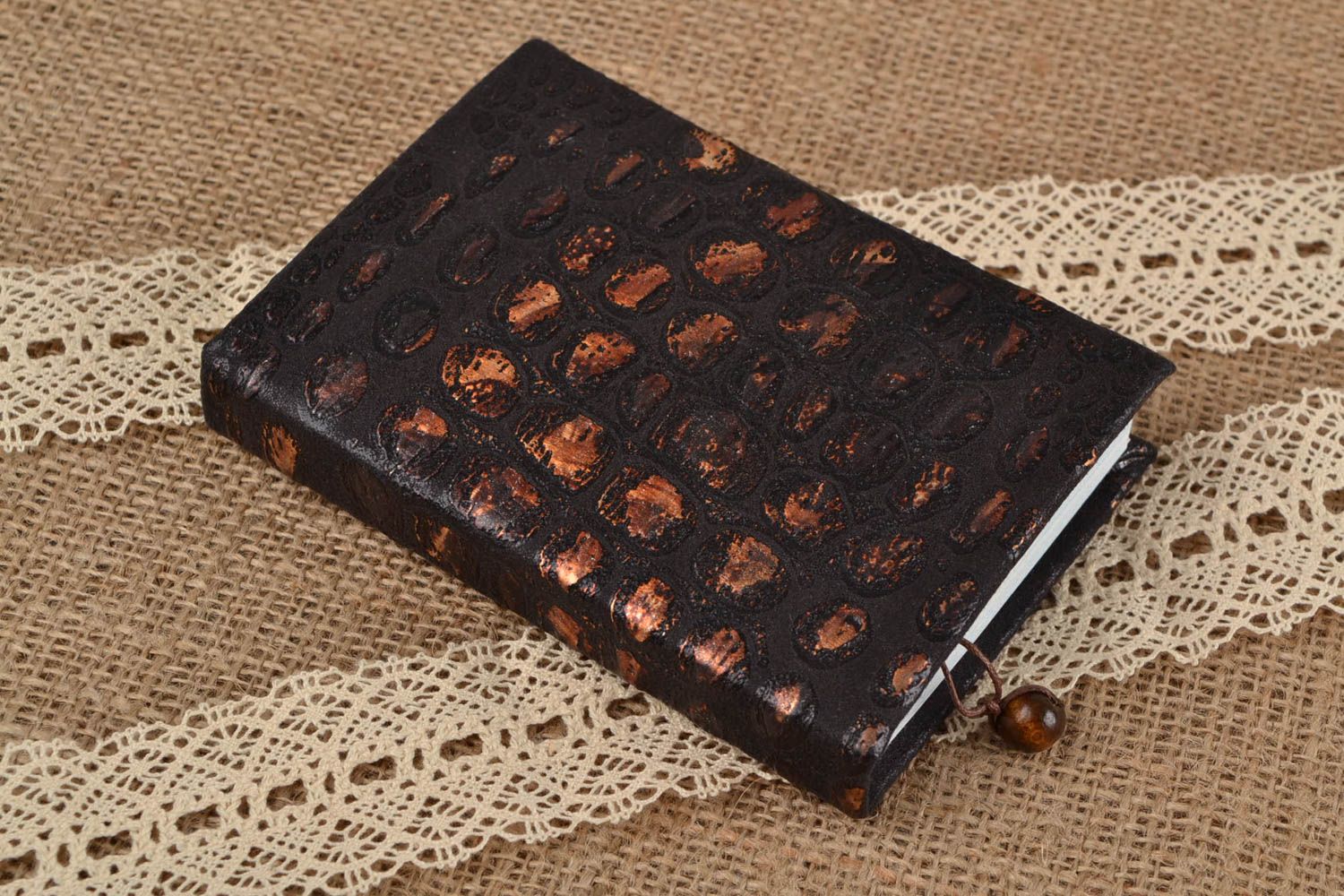 Handmade scrapbooking designer notebook with dark faux leather cover with bead photo 1