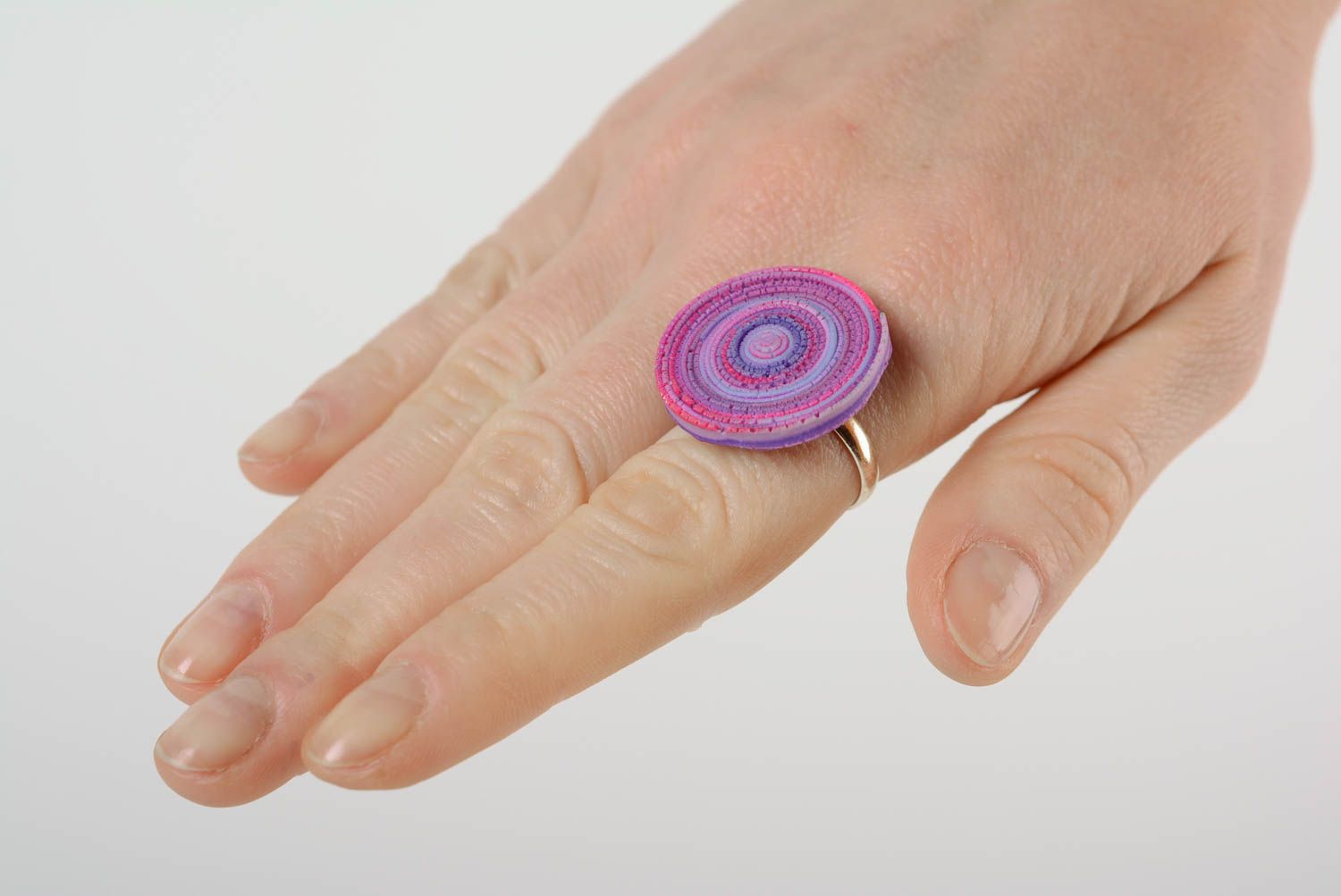 Large handmade designer lilac polymer clay ring of adjustable size photo 2
