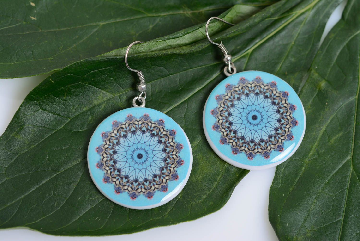 Beautiful blue handmade women's molded polymer clay earrings with decoupage photo 1