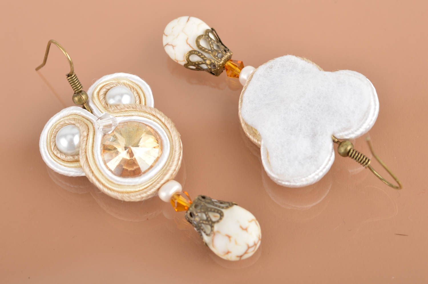 Beautiful beige handmade designer long soutache earrings with beads for women photo 5