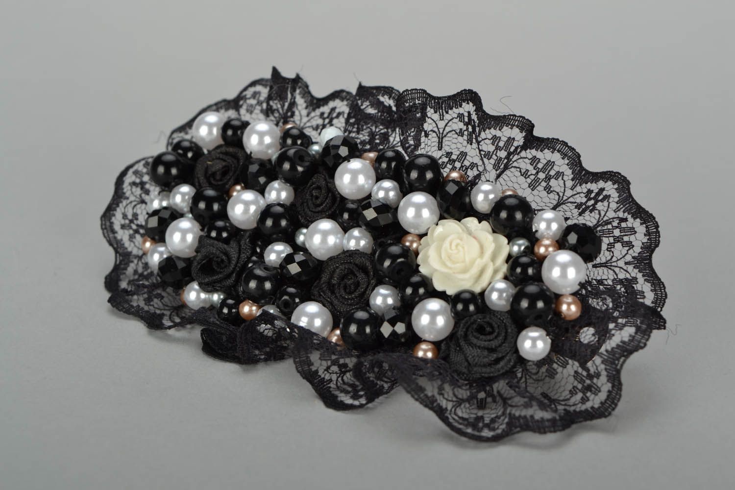 Hair clip with black lace handmade photo 5