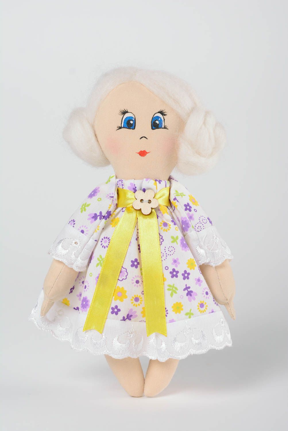 Handmade cotton soft doll with white hair in floral dress painted with acrylics photo 1