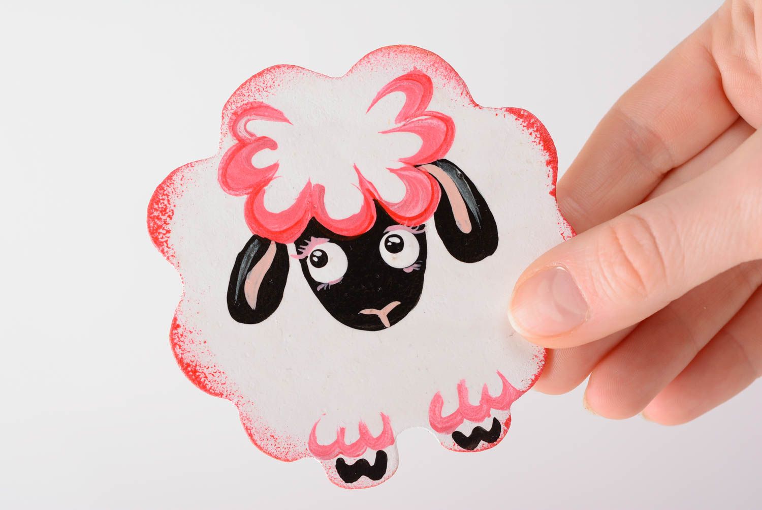 Beautiful pink handmade plywood fridge magnet in the shape of sheep photo 5