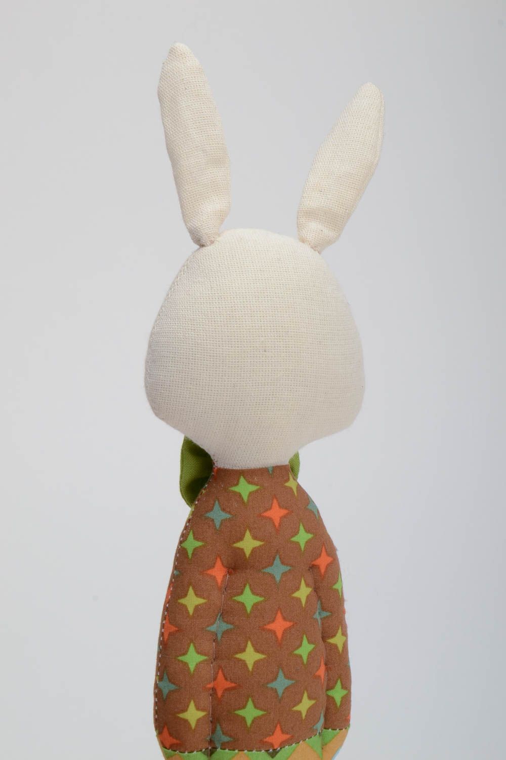 Handmade cotton fabric soft toy funny rabbit in colorful suit with green bow tie photo 4
