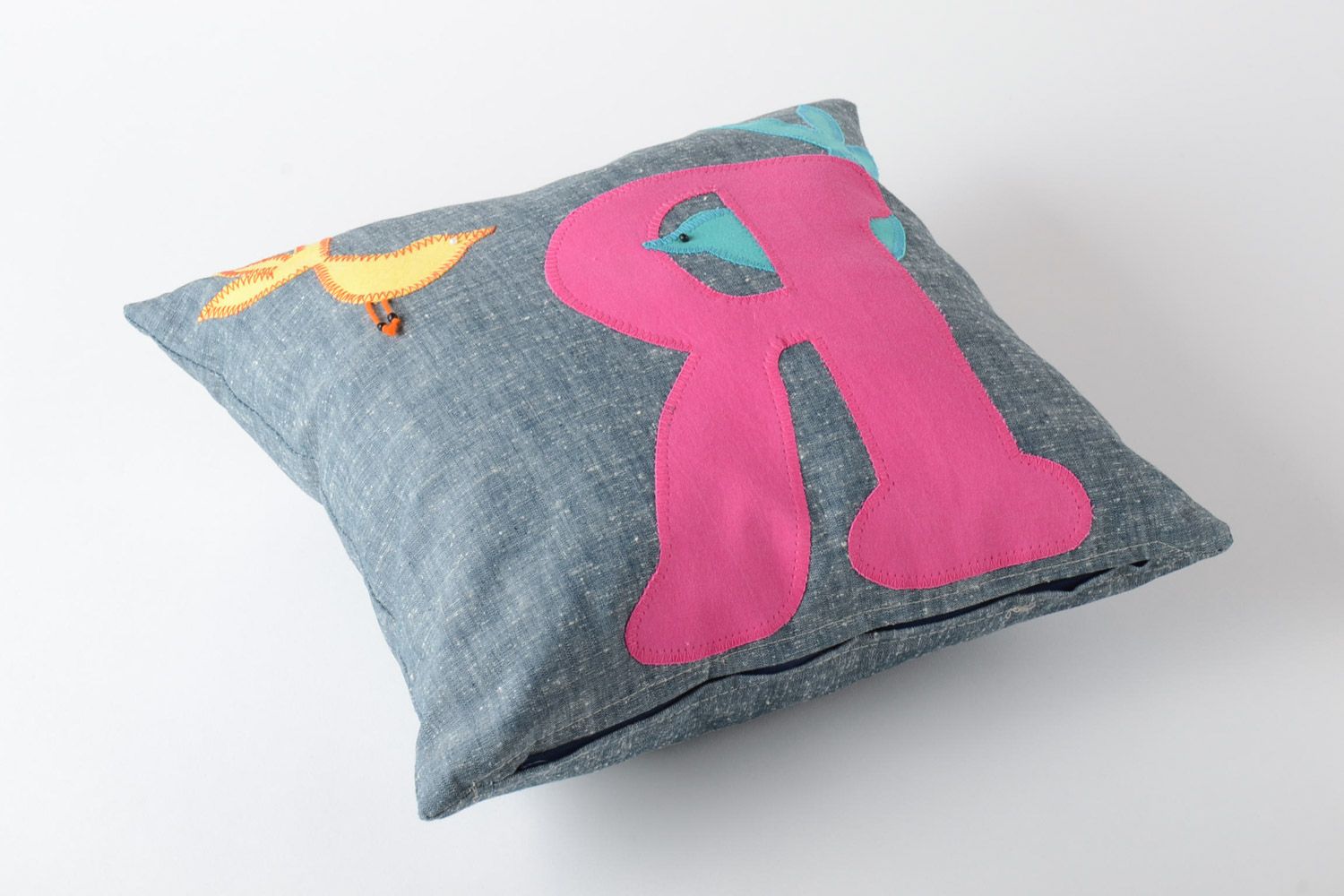 Handmade designer fabric cushion with removable pillowcase decorated with letter applique photo 2