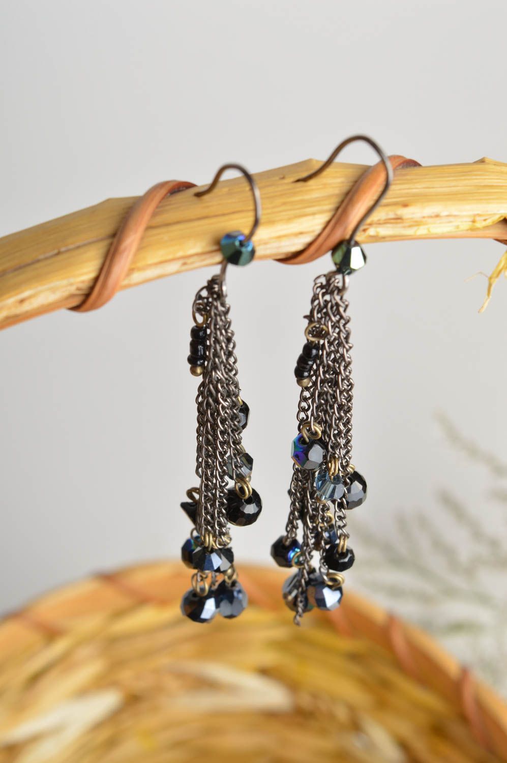 Handmade long festive earrings with glass black beads on metal chain photo 1