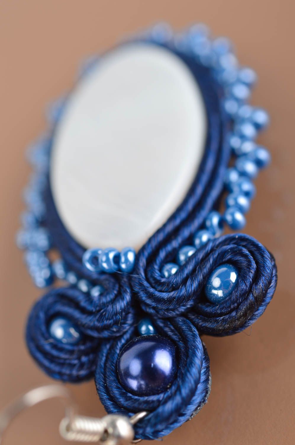 Beautiful handmade evening massive soutache earrings with beads blue photo 4