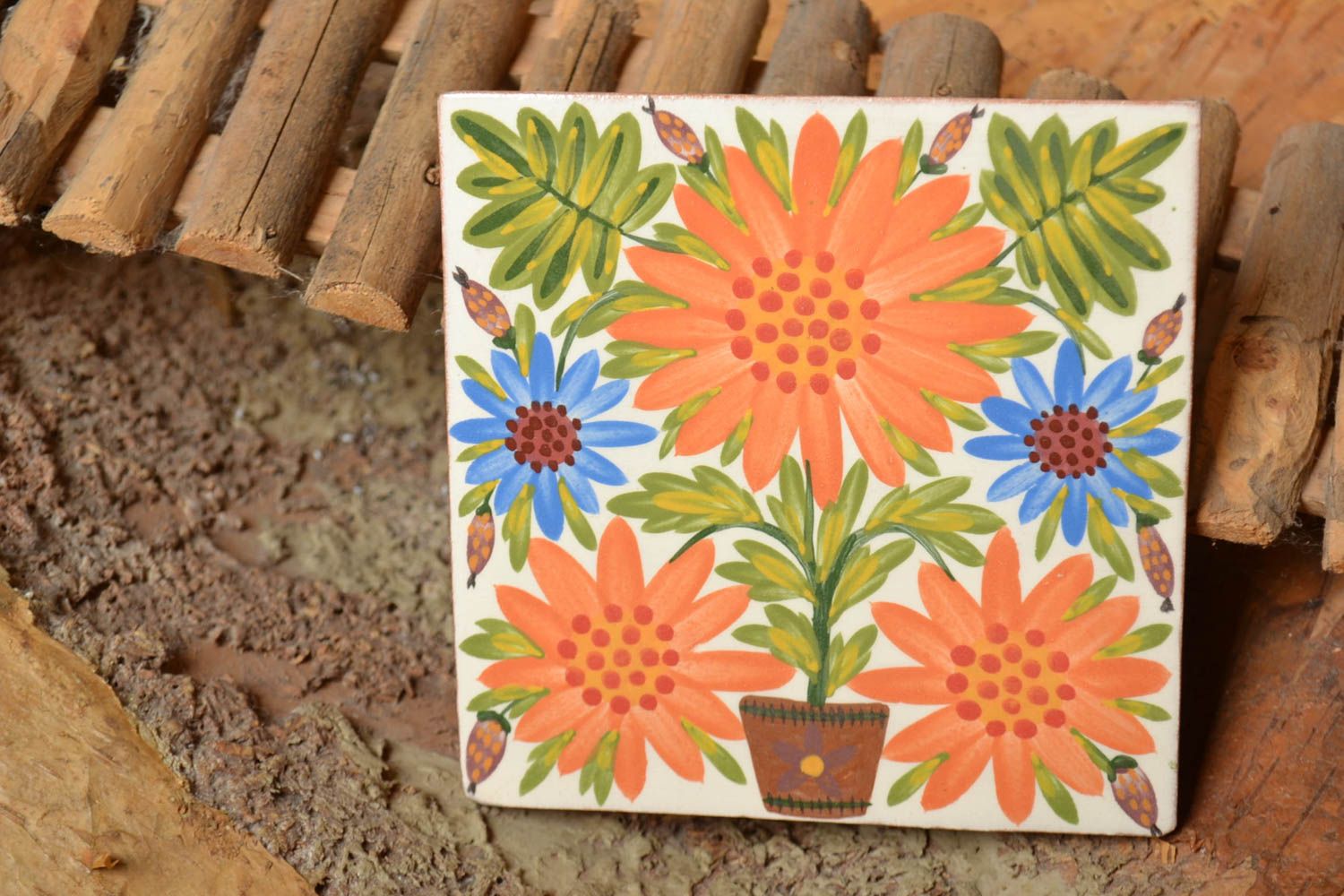 Handmade dekorative Wandplatte aus Ton quadratisch im Ethno Stil bemalt bunt foto 1