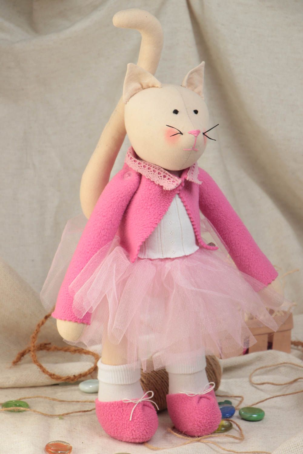 Handmade designer cotton and fleece fabric soft toy cat in pink tutu skirt  photo 1