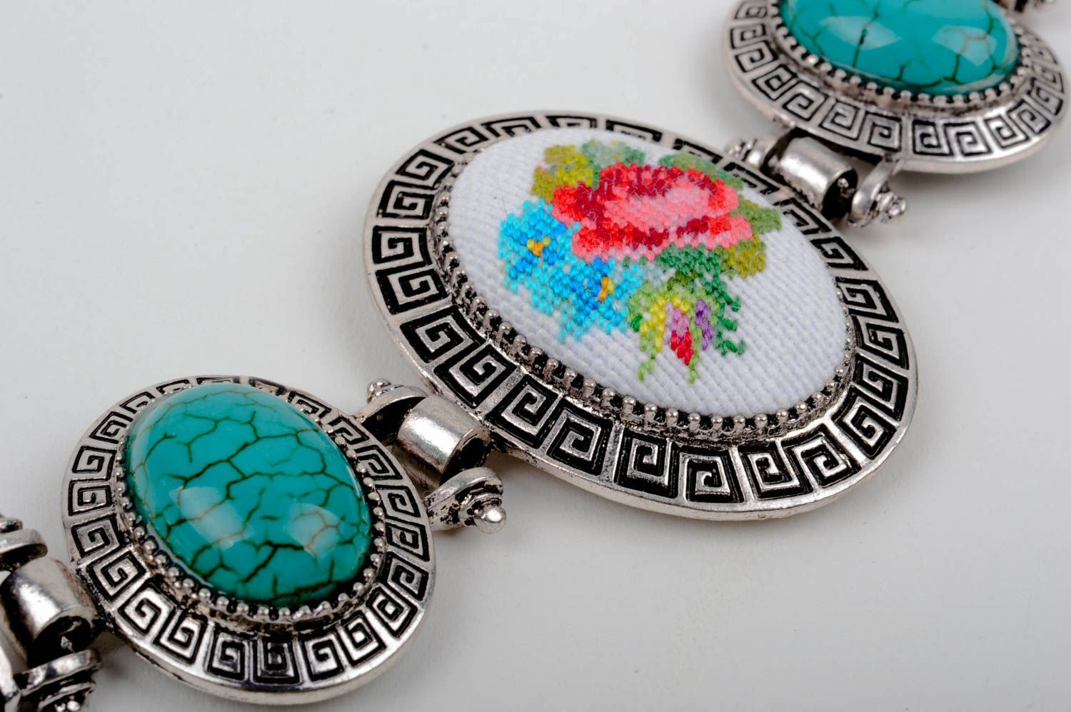 Handmade designer metal jewelry unusual embroidered bracelet wrist jewelry photo 4